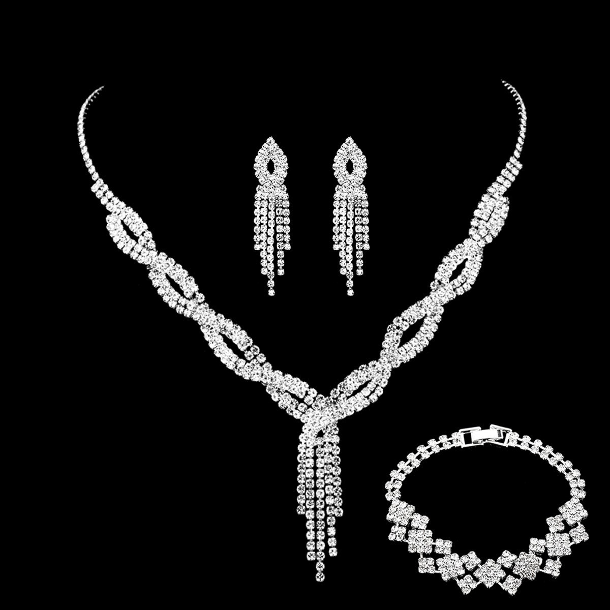 Women's Woven Rhinestone Necklace & Earrings Set